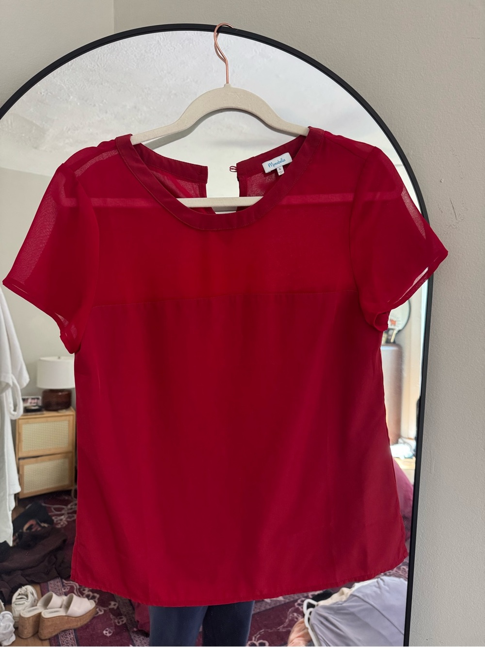 Red Short-Sleeve Sheer Yoke Blouse - Women